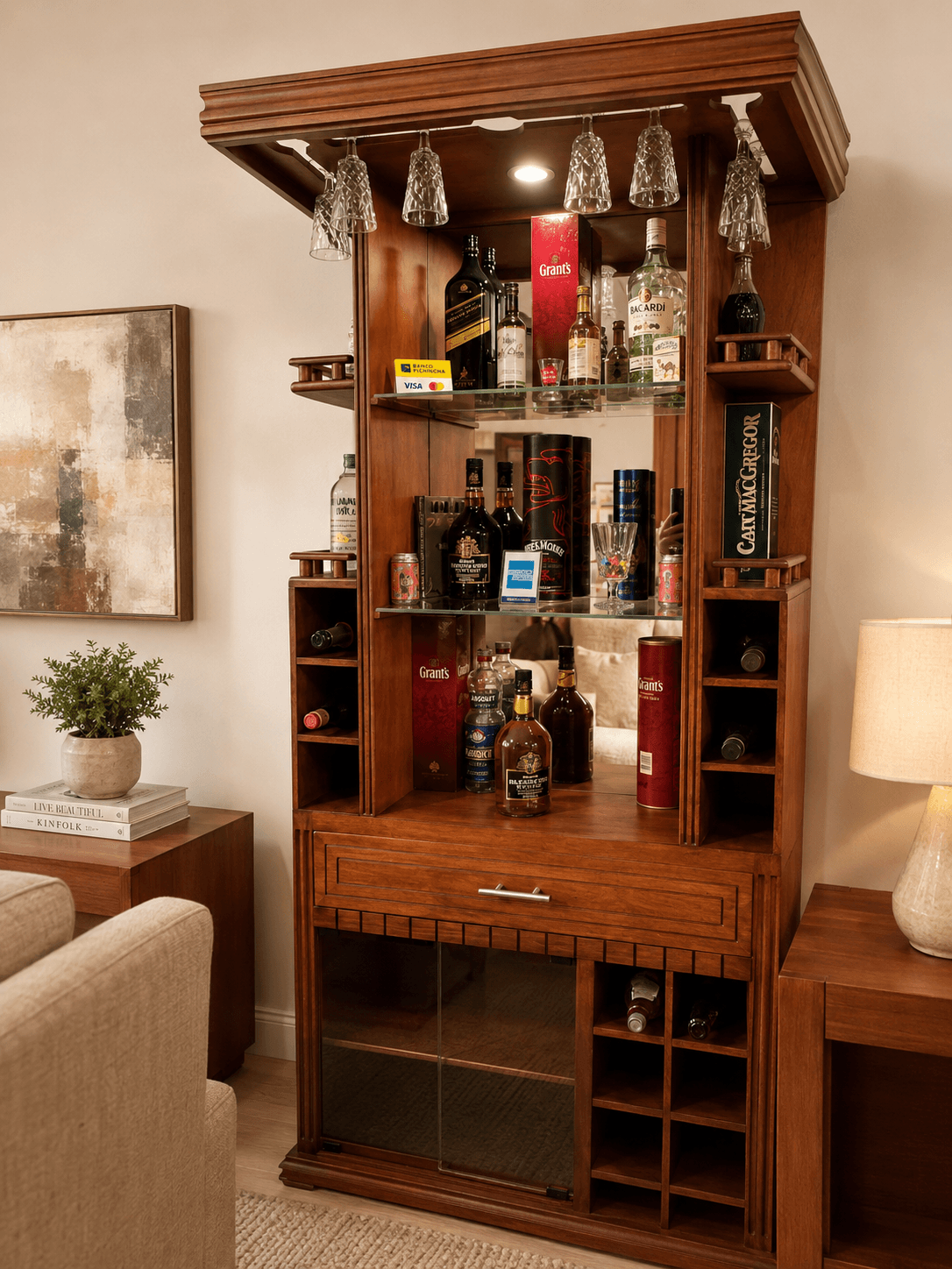 Bar Recto de Madera con Espejo y Copero